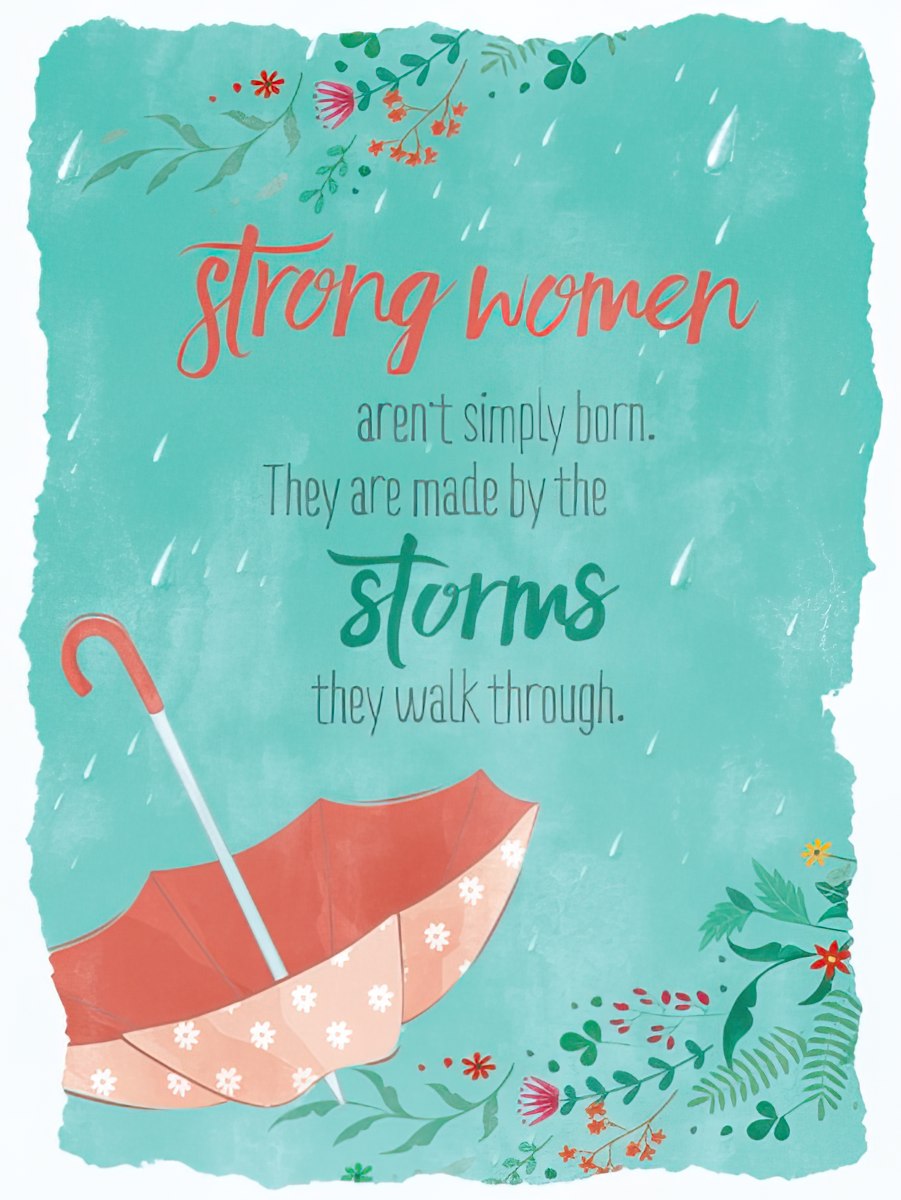 Front of 'Strong Women' encouragement card featuring a teal background, red umbrella, falling rain, and delicate floral accents.