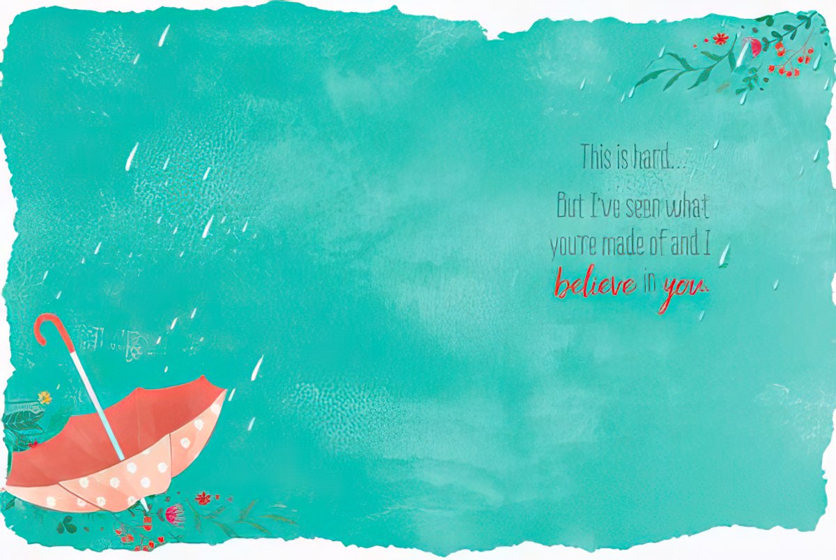 Inside of a 'Strong Women' greeting card with a message of belief and a matching teal background, umbrella, and rain elements.