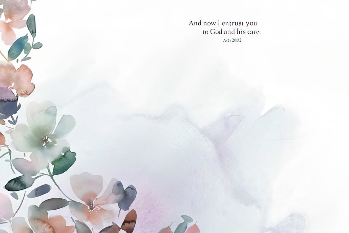 Inside of a 'Get Well Soon' card featuring delicate watercolor floral accents and the Bible verse 'And now I entrust you to God and his care. Acts 20:32'.
