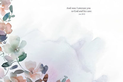 Inside of a 'Get Well Soon' card featuring delicate watercolor floral accents and the Bible verse 'And now I entrust you to God and his care. Acts 20:32'.