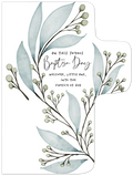 Front view of a Christian baptism greeting card in the shape of a cross, adorned with watercolor green eucalyptus leaves and berries. Text reads 'ON THIS JOYOUS Baptism Day welcome, little one, into the FAMILY OF GOD.' Perfect for celebrating a baby's spiritual milestone.