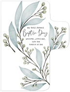 Front view of a Christian baptism greeting card in the shape of a cross, adorned with watercolor green eucalyptus leaves and berries. Text reads 'ON THIS JOYOUS Baptism Day welcome, little one, into the FAMILY OF GOD.' Perfect for celebrating a baby's spiritual milestone.