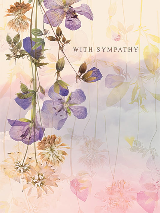 Elegant sympathy greeting card with pressed purple and beige flowers, featuring 'WITH SYMPATHY' text on a soft, ethereal background.