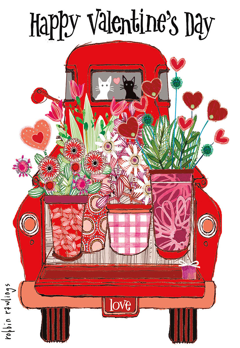Cute Valentine's Day greeting card featuring a red vintage pickup truck brimming with potted flowers and hearts, with two adorable cats in the rear window and a 'love' license plate. Whimsical illustration.