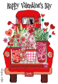Cute Valentine's Day greeting card featuring a red vintage pickup truck brimming with potted flowers and hearts, with two adorable cats in the rear window and a 'love' license plate. Whimsical illustration.