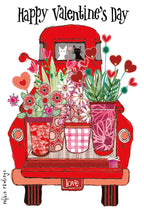 Cute Valentine's Day greeting card featuring a red vintage pickup truck brimming with potted flowers and hearts, with two adorable cats in the rear window and a 'love' license plate. Whimsical illustration.