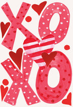 Hand-painted XOXO greeting card featuring red polka-dotted letters and scattered hearts on a light background, ideal for showing affection.