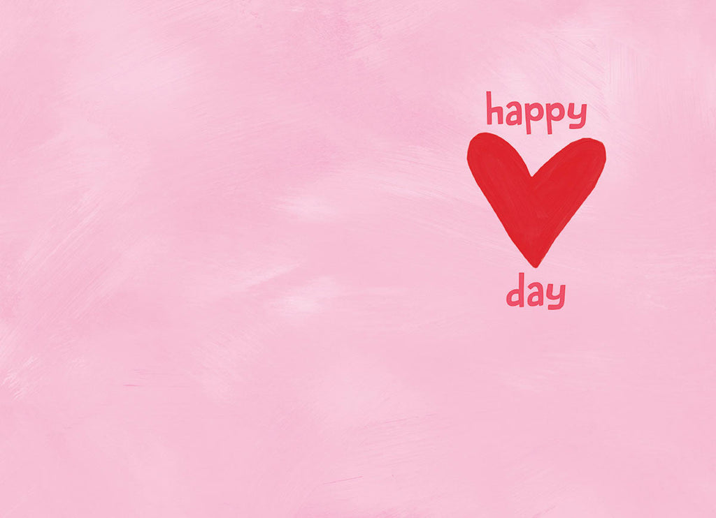Simple and sweet greeting card with a soft pink textured background, a prominent red heart in the center, and the words 'happy' above and 'day' below it, conveying warm wishes.