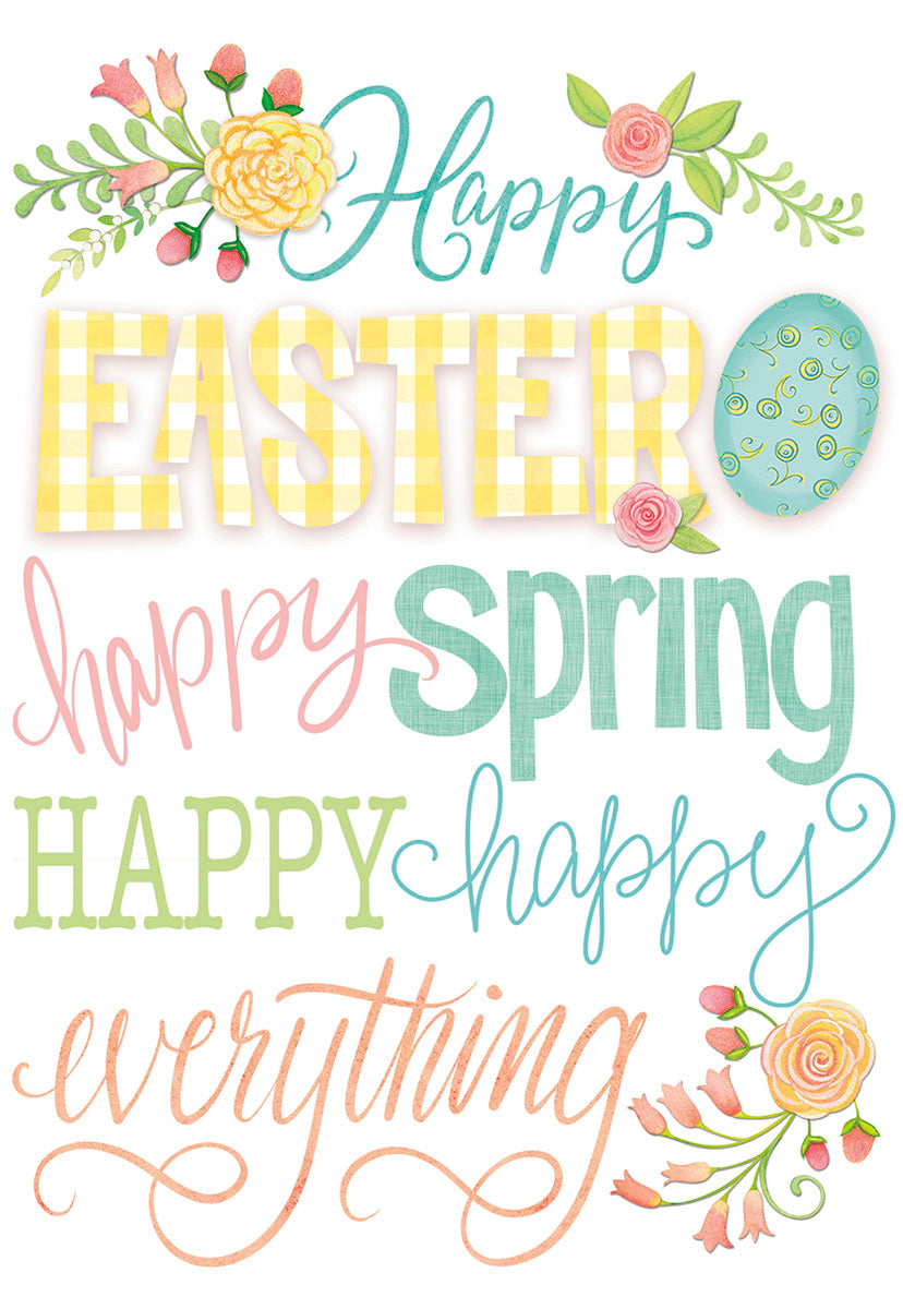 Front view of a cheerful, colorful greeting card with 'Happy Easter, Happy Spring, Happy Everything' in playful fonts, adorned with spring flowers, an ornate blue egg, and yellow gingham patterns.