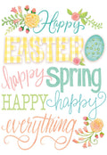 Front view of a cheerful, colorful greeting card with 'Happy Easter, Happy Spring, Happy Everything' in playful fonts, adorned with spring flowers, an ornate blue egg, and yellow gingham patterns.
