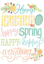 Front view of a cheerful, colorful greeting card with 'Happy Easter, Happy Spring, Happy Everything' in playful fonts, adorned with spring flowers, an ornate blue egg, and yellow gingham patterns.