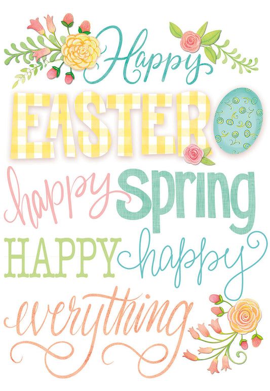 Front of a Happy Easter greeting card with pastel lettering, floral accents, a teal background, and a checkered Easter egg.