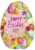 Vibrant Easter greeting card featuring colorful decorated eggs and spring flowers in an oval design on a pink watercolor background, with 'Happy Easter' in script font.