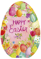 Vibrant Easter greeting card featuring colorful decorated eggs and spring flowers in an oval design on a pink watercolor background, with 'Happy Easter' in script font.