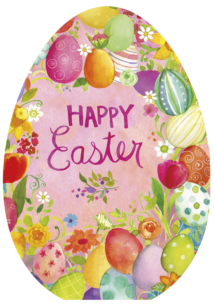 Vibrant Easter greeting card featuring colorful decorated eggs and spring flowers in an oval design on a pink watercolor background, with 'Happy Easter' in script font.