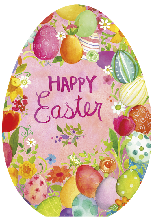 A vibrant Happy Easter greeting card featuring a watercolor illustration of colorful decorated eggs and spring flowers arranged in an oval frame on a pink background.