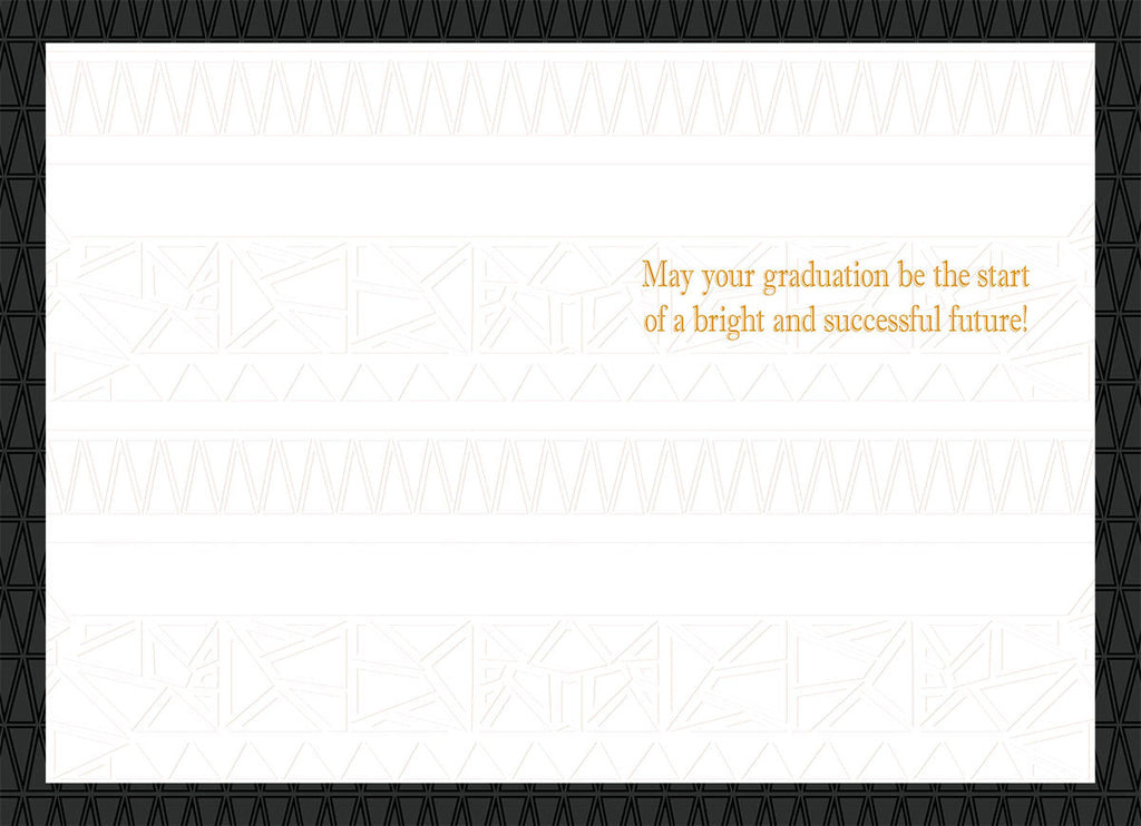 Inside of a thoughtful graduation greeting card with subtle geometric patterns and inspiring text 'May your graduation be the start of a bright and successful future!'.
