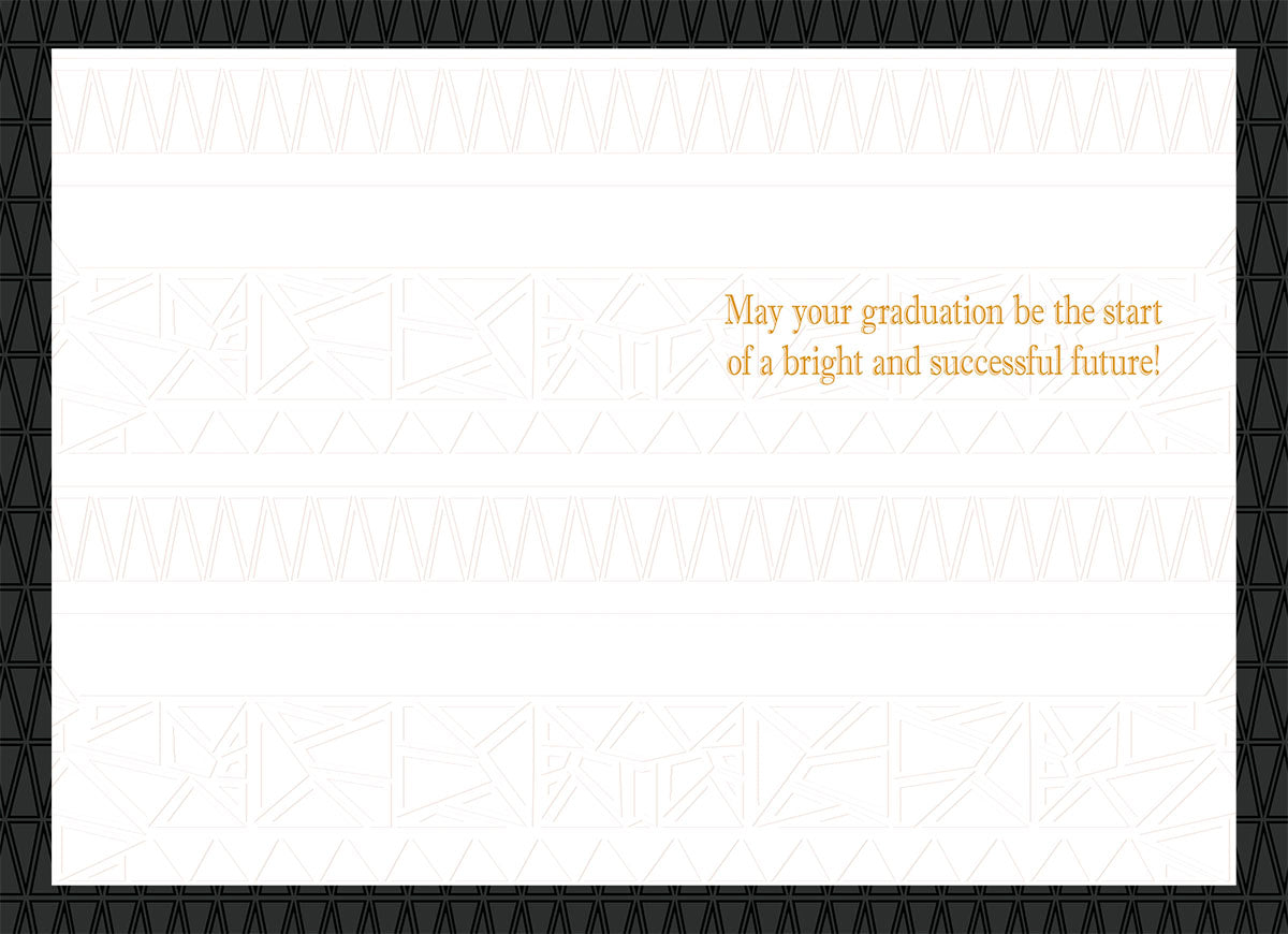 Inside of a white graduation greeting card with subtle geometric patterns and the text 'May your graduation be the start of a bright and successful future!'
