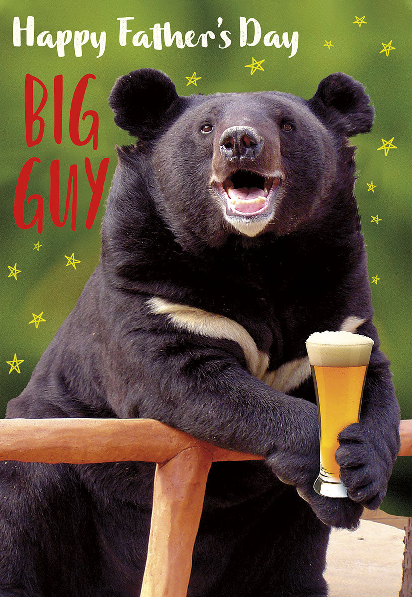 Funny Father's Day greeting card featuring a cheerful black bear holding a beer, with 'Happy Father's Day BIG GUY' text, perfect for your dad.