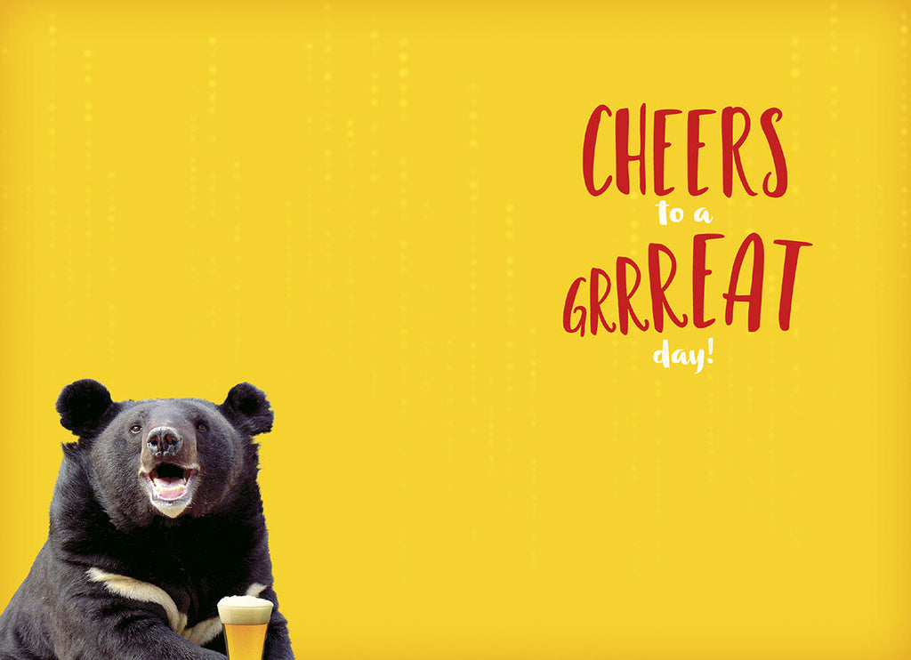 Inside of a funny Father's Day card with a vibrant yellow background, featuring a black bear and the playful message 'CHEERS to a GRRREAT day!'