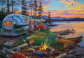 Vibrant Father's Day greeting card featuring a vintage silver camper trailer and red pickup truck parked by a serene lake at sunset, with a crackling campfire, dogs, a canoe, and flying geese. Perfect for outdoorsy dads.