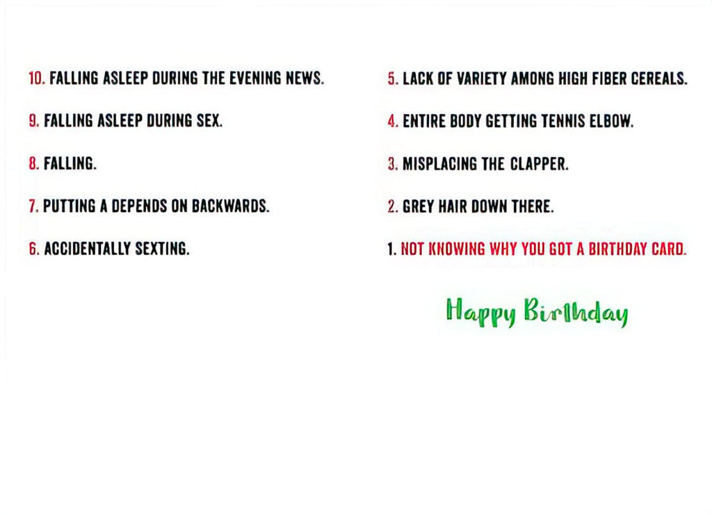 Inside of a humorous greeting card showing the full list of 'TOP 10 FEARS OF GROWING OLD,' including jokes about falling asleep during sex and grey hair, with 'Happy Birthday' at the bottom.