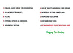 Inside of a humorous greeting card showing the full list of 'TOP 10 FEARS OF GROWING OLD,' including jokes about falling asleep during sex and grey hair, with 'Happy Birthday' at the bottom.