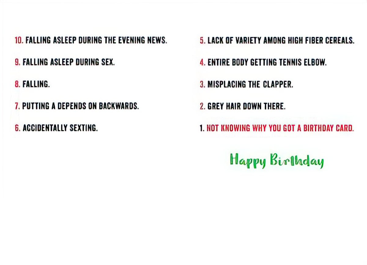Inside of a humorous greeting card showing the full list of 'TOP 10 FEARS OF GROWING OLD,' including jokes about falling asleep during sex and grey hair, with 'Happy Birthday' at the bottom.
