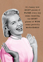 Funny birthday card for her featuring a retro woman laughing with text comparing water vs. wine consumption, perfect for a friend who loves a good laugh and wine.