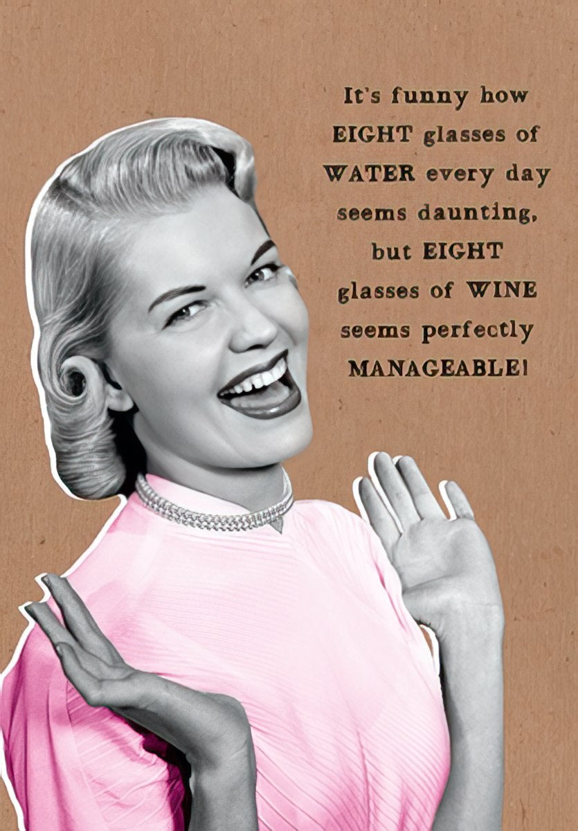 Funny birthday card for her featuring a retro woman laughing with text comparing water vs. wine consumption, perfect for a friend who loves a good laugh and wine.