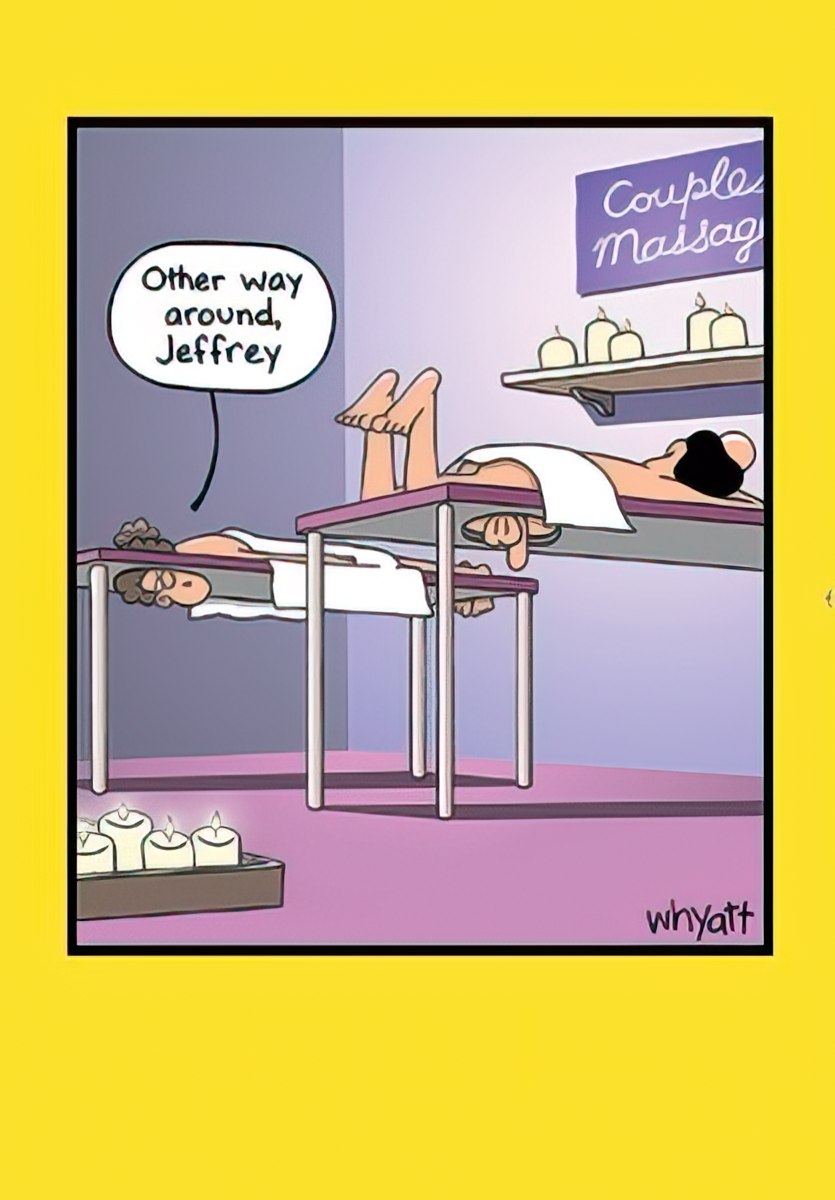 Funny cartoon greeting card depicting a man, Jeffrey, upside down on a massage table during a 'Couple Massage,' with a woman pointing out he's the 'Other way around.' Perfect for a laugh.