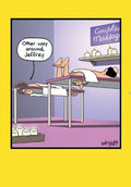 Funny cartoon greeting card depicting a man, Jeffrey, upside down on a massage table during a 'Couple Massage,' with a woman pointing out he's the 'Other way around.' Perfect for a laugh.