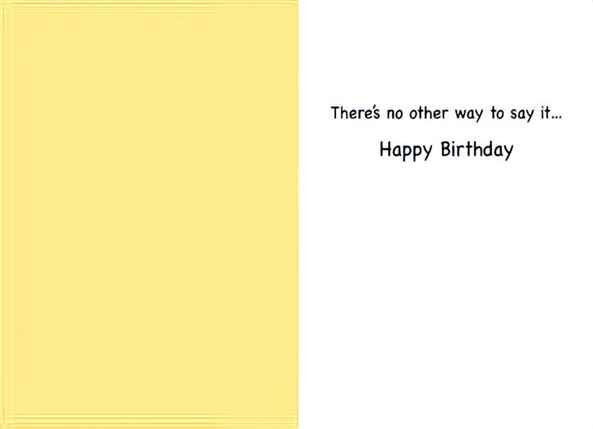 Inside of a humorous greeting card showing the message 'There's no other way to say it... Happy Birthday' on a white background, with a plain yellow panel on the left.