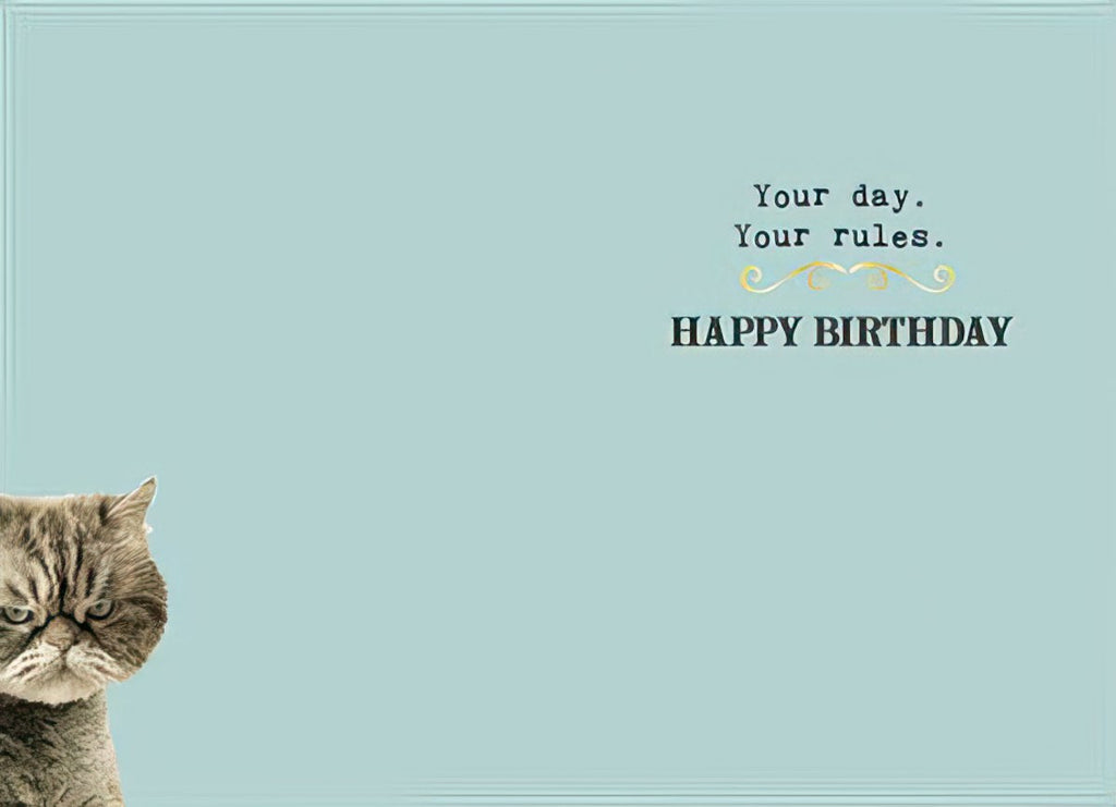 Inside view of a humorous birthday card with a small part of the grumpy cat visible, and text 'Your day. Your rules. HAPPY BIRTHDAY' on a light blue background, ready for personal messages.