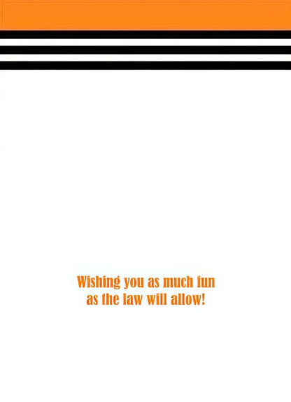 Inside of a birthday card with the message "Wishing you as much fun as the law will allow!" on a plain white background.