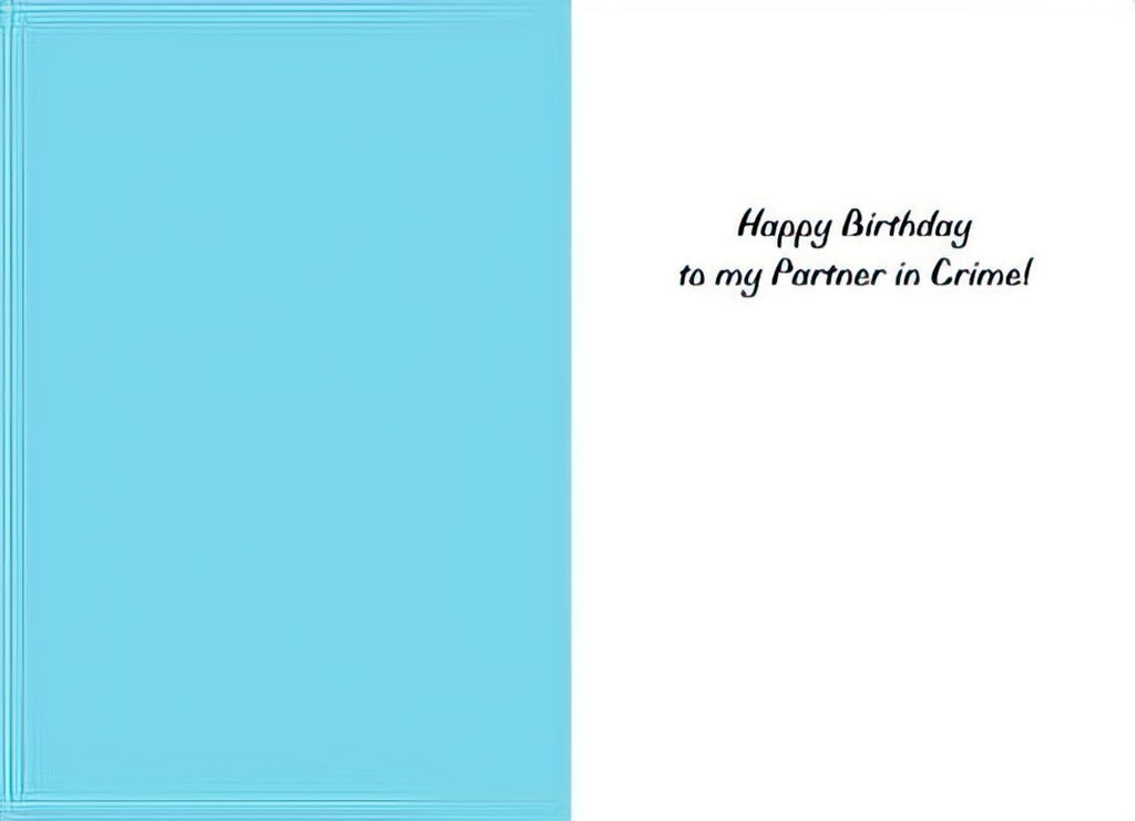 Inside of a funny birthday greeting card. The left side is light blue, and the right white side has black cursive text that reads 'Happy Birthday to my Partner in Crime!'.