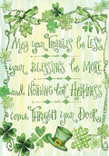 Front of St. Patrick's Day greeting card featuring a border of green shamrocks and bows, with a leprechaun hat. The message 'May your troubles be less, your blessings be more, and nothing but happiness come through your door' is displayed on a light green and yellow watercolor background.