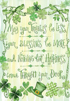 Front of St. Patrick's Day greeting card featuring a border of green shamrocks and bows, with a leprechaun hat. The message 'May your troubles be less, your blessings be more, and nothing but happiness come through your door' is displayed on a light green and yellow watercolor background.