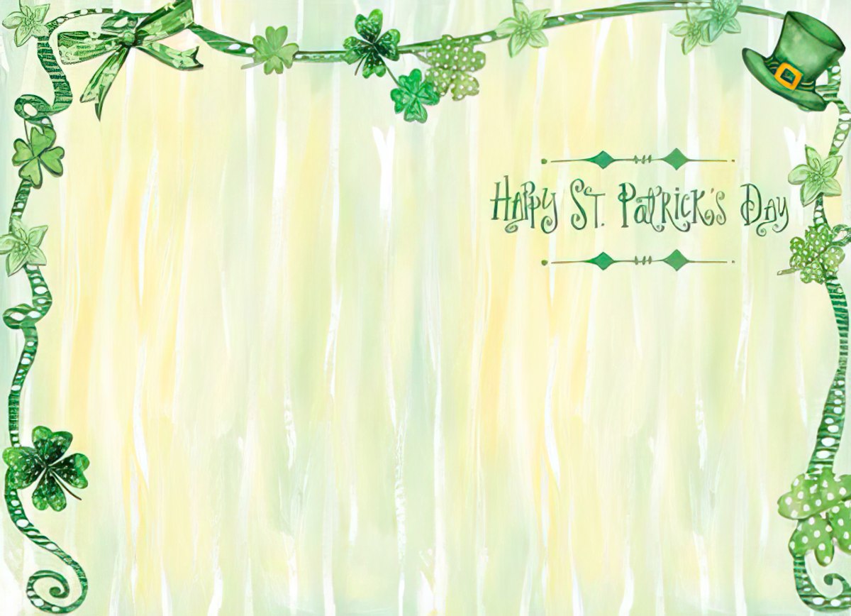 Inside of a St. Patrick's Day greeting card with a light green and yellow watercolor background. The decorative border of green shamrocks and a leprechaun hat is visible, along with the printed text 'Happy St. Patrick's Day' on the right.