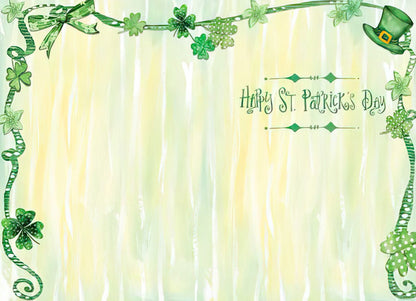 St. Patrick's Day greeting card inside, green shamrock border, blank space for message, 'Happy St. Patrick's Day' text.
