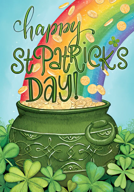 Happy St. Patrick's Day greeting card featuring a vibrant rainbow, pot of gold, and shamrocks.