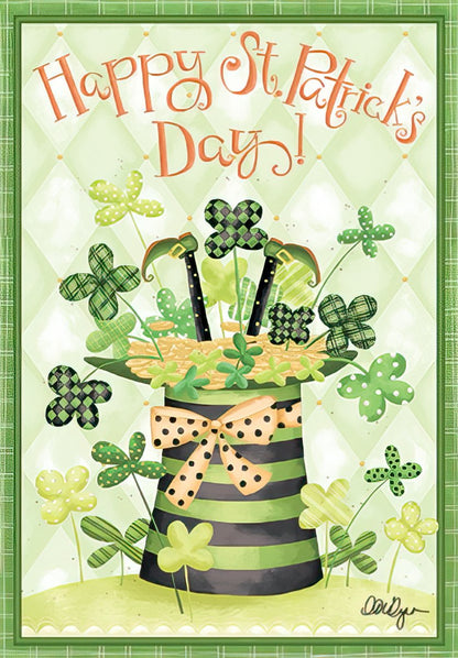 Front of a St. Patrick's Day card with a leprechaun hat filled with shamrocks, polka dots, stripes, and 'Happy St. Patrick's Day!' text.