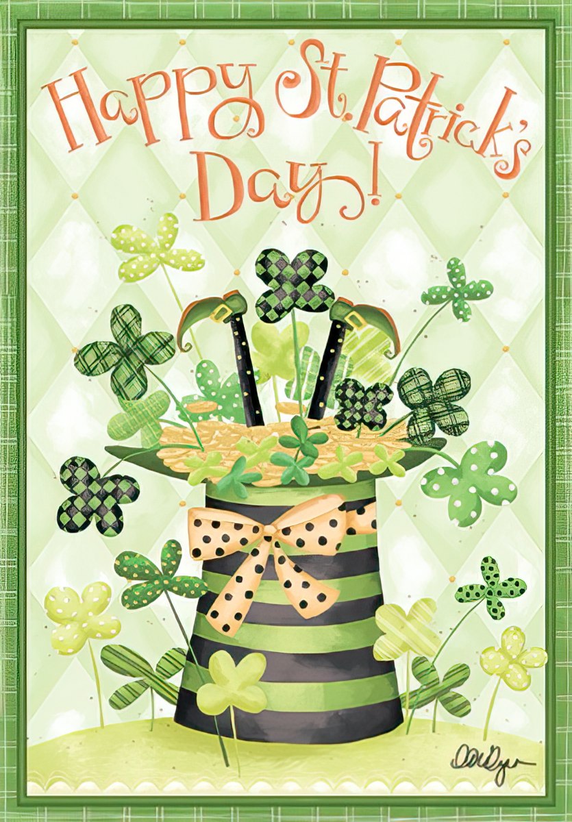 Vibrant St. Patrick's Day greeting card featuring a whimsical leprechaun hat overflowing with gold coins and various patterned shamrocks, framed in green with 'Happy St. Patrick's Day!' text.