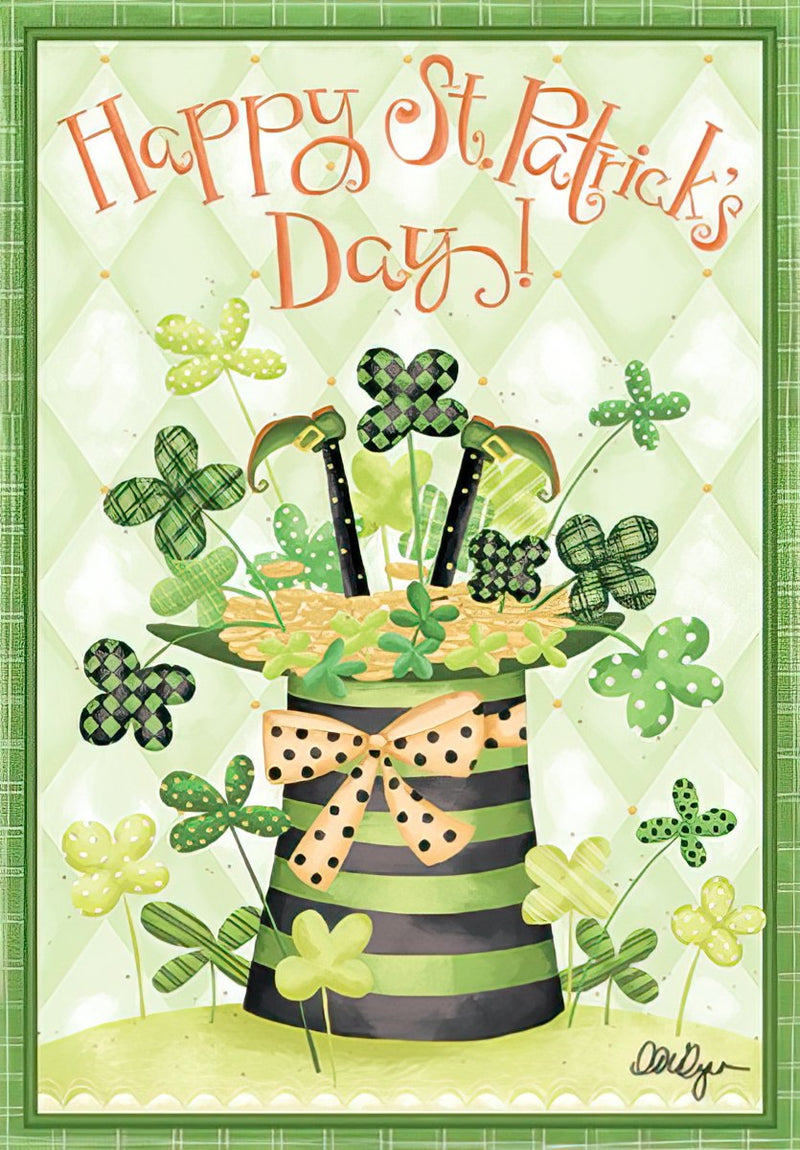 Vibrant St. Patrick's Day greeting card featuring a whimsical leprechaun hat overflowing with gold coins and various patterned shamrocks, framed in green with 'Happy St. Patrick's Day!' text.