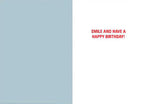 Inside of humorous greeting card with light blue left panel and white right panel featuring red text 'Smile and Have a Happy Birthday!'