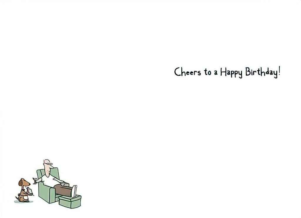 Inside of humorous greeting card with 'Cheers to a Happy Birthday!' text and small cartoon illustration of man and dog. Blank space for personalized message.