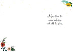 Open greeting card interior with 'More than the moon and sun and all the stars.' script, delicate floral corner accents, and ample space for a personalized message of love and encouragement.