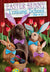 two bunnies and two dogs wearing bunny ears in front of a sign saying easter bunny training school