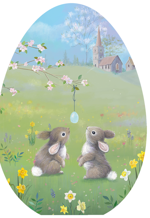 Front cover of a religious Easter greeting card for children, featuring two cute brown bunnies in a vibrant spring meadow with yellow daffodils and wildflowers, gazing at a hanging decorated egg. A quaint church and blossoming trees are visible in the background under a blue sky.