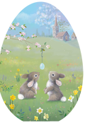 Front cover of a religious Easter greeting card for children, featuring two cute brown bunnies in a vibrant spring meadow with yellow daffodils and wildflowers, gazing at a hanging decorated egg. A quaint church and blossoming trees are visible in the background under a blue sky.